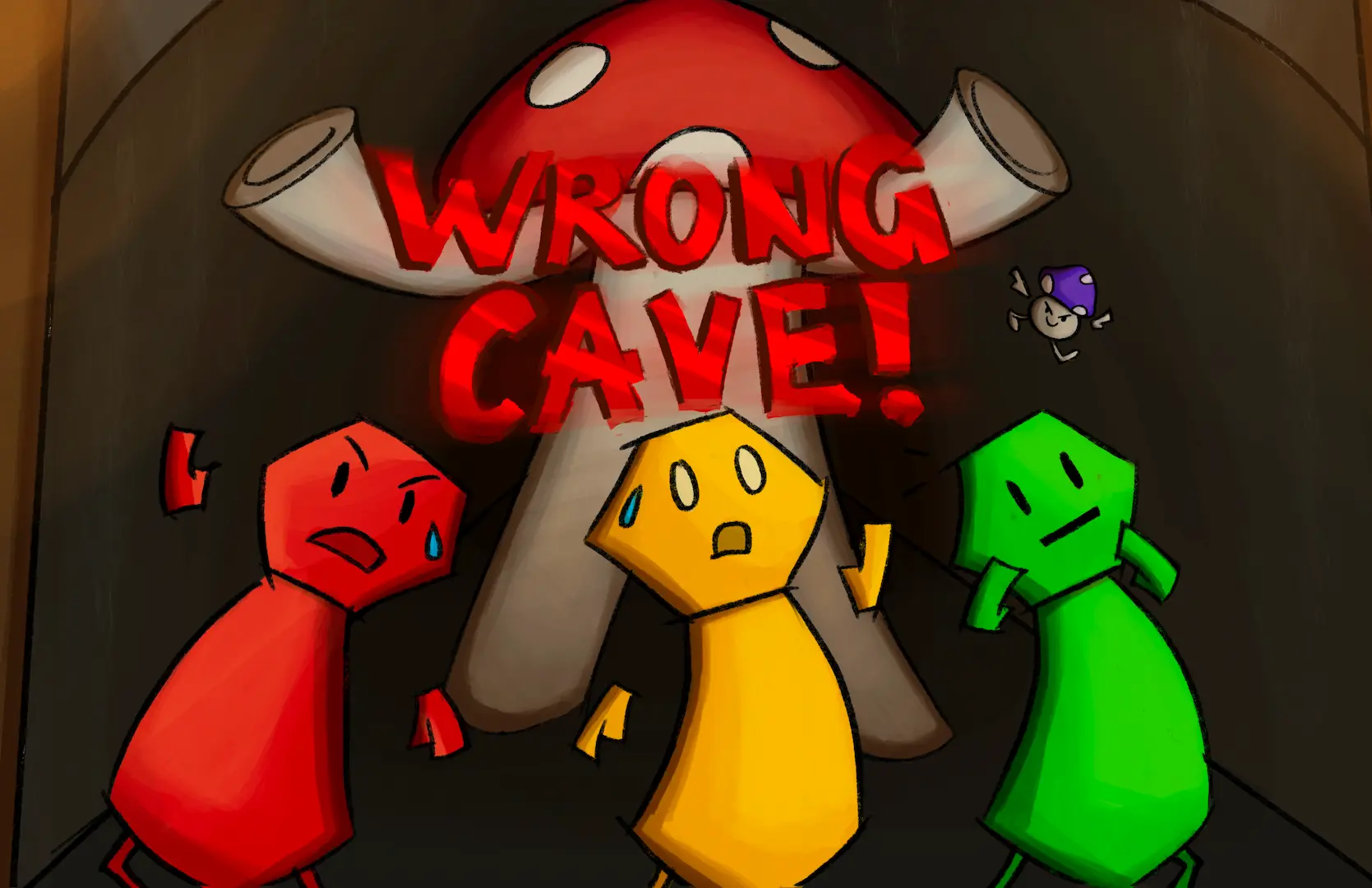 Wrong Cave! logo above Mushroom King chasing away Heroes